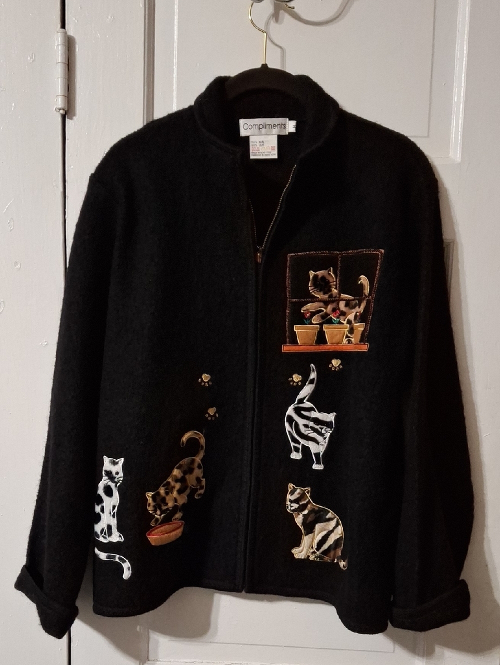 Compliments Black Cat Embroidered Zip-Front Jacket 100% Wool M (Mis191)